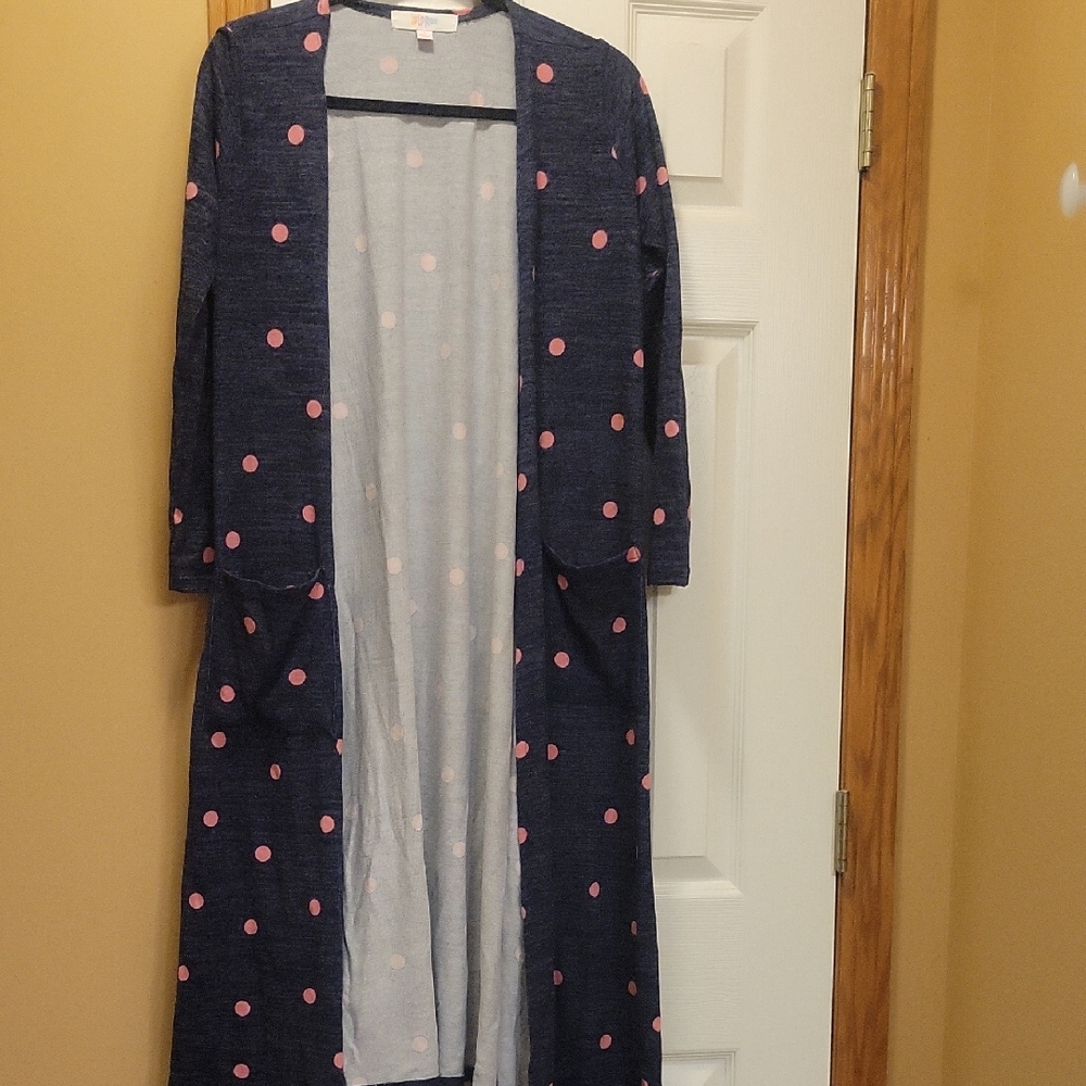 LuLaRoe Navy and Pink Polka Dot Sarah Cardigan